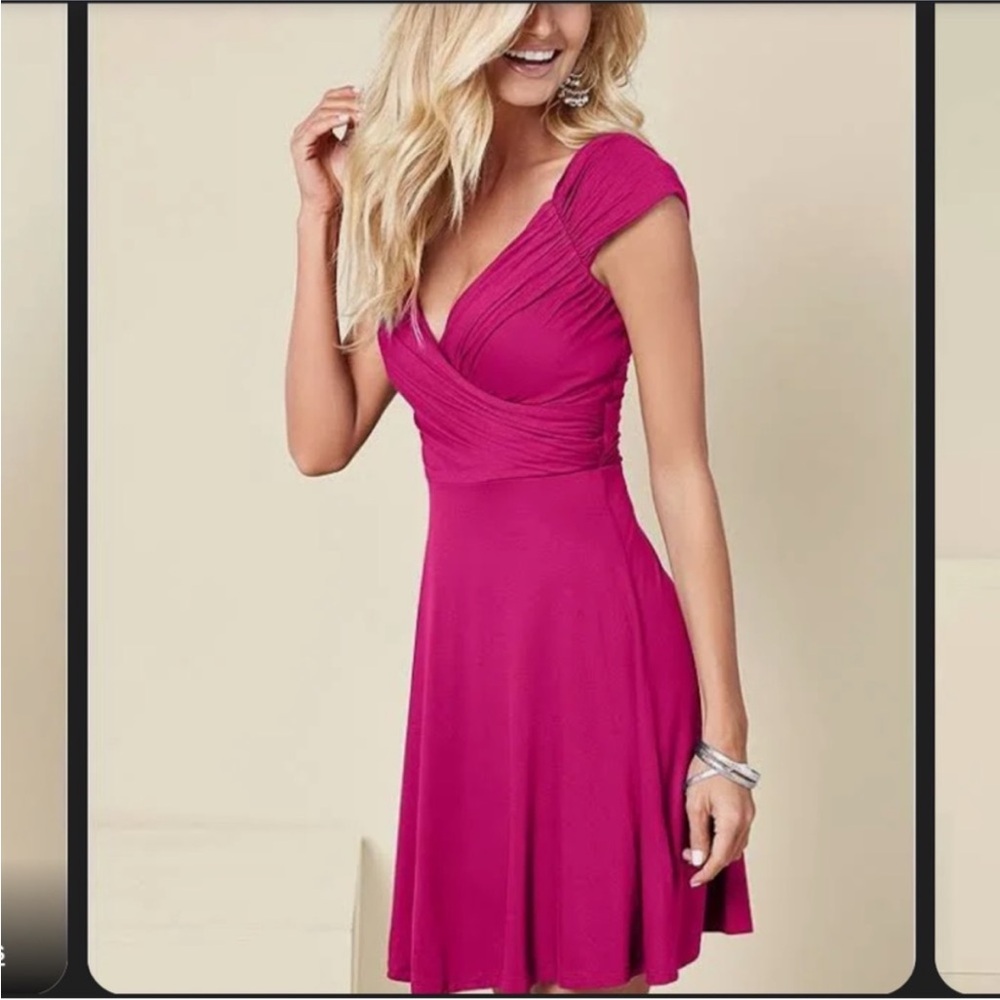 Fuchsia Cap-Sleeve Wrap Fit & Flare Dress